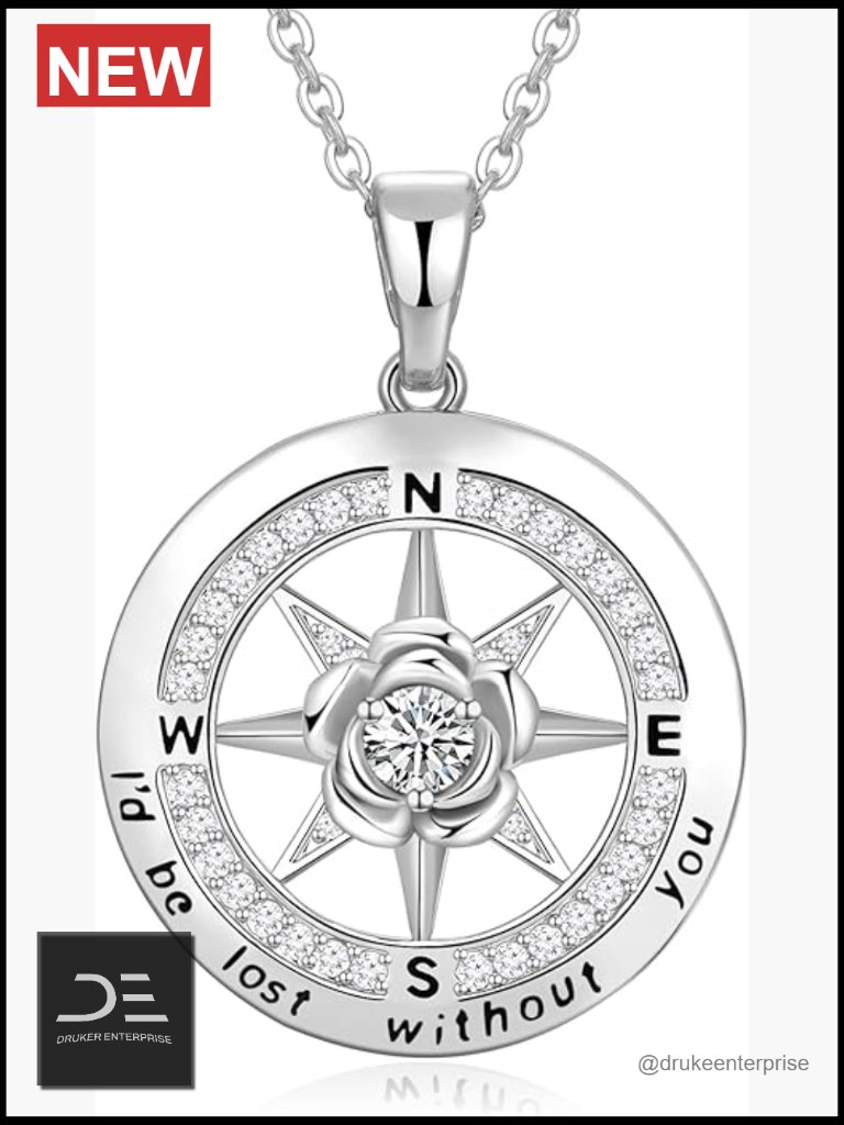 925 Sterling Silver Compass Pendant Necklace With Cubic Zirconia Birthstone
